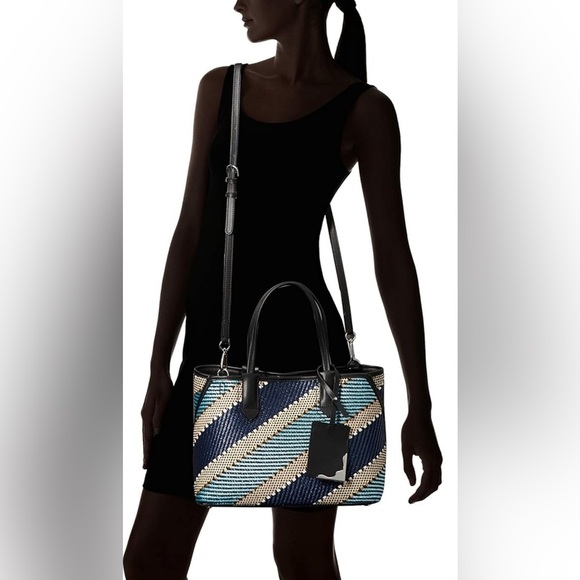 CALVIN KLEIN Jacky Raffia Straw Slouchy Tote Blue Gold Multi Bag AUTHENTIC NWT - Picture 8 of 9
